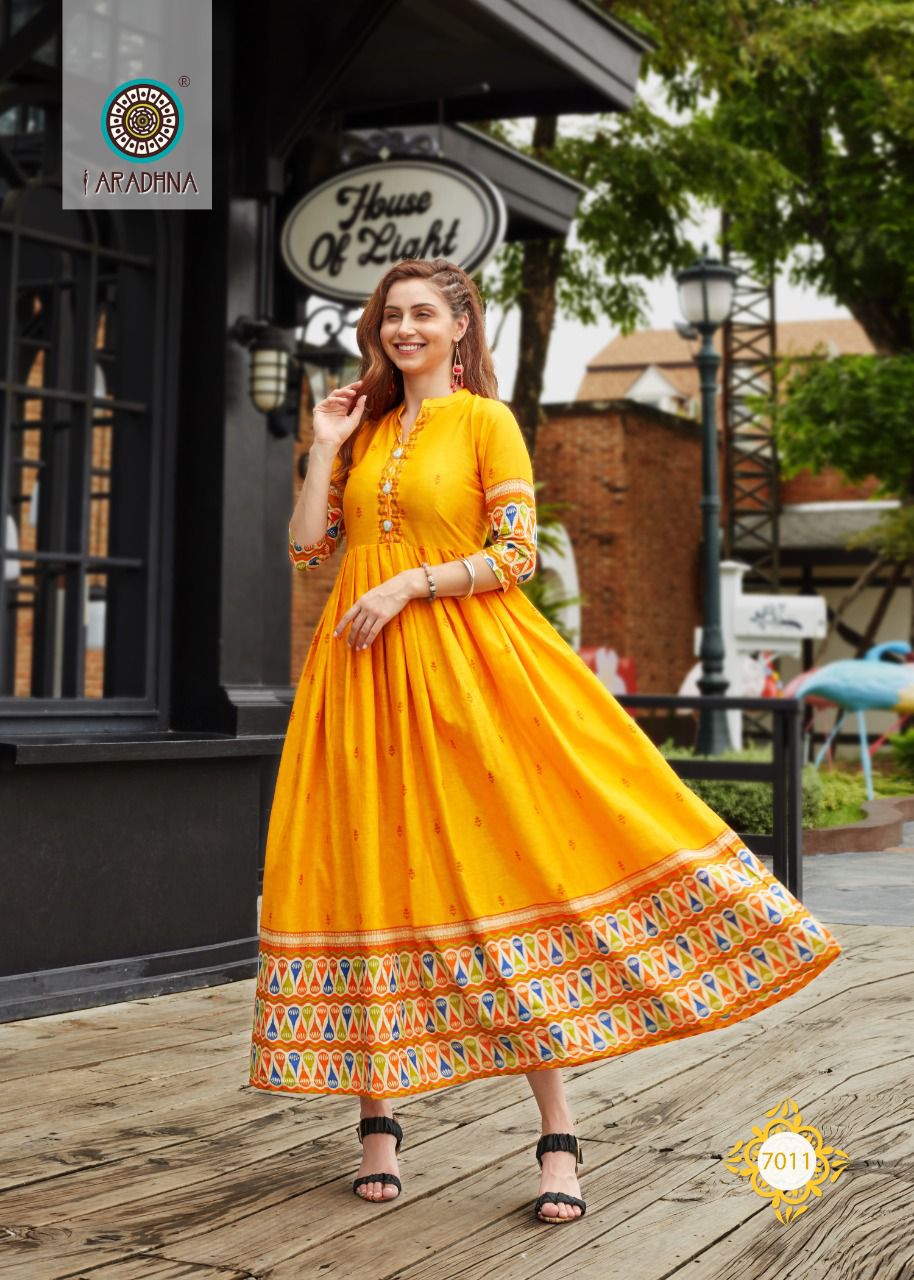 Aradhna Level 7 Fancy Wear Wholesale Cotton Anarkali Kurtis Catalog
